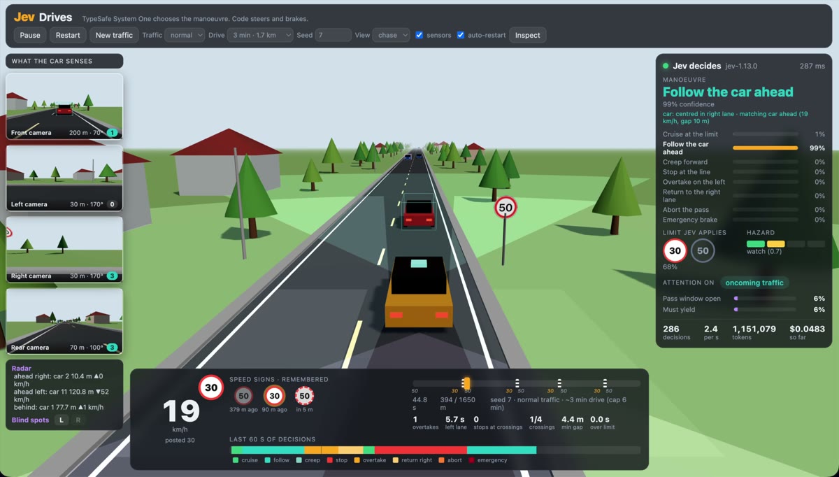 Self-driving simulator where Jev decides to follow the car ahead