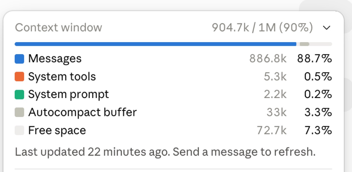 Claude context window at 904.7k of 1M tokens before the Jev plugin cleaned it