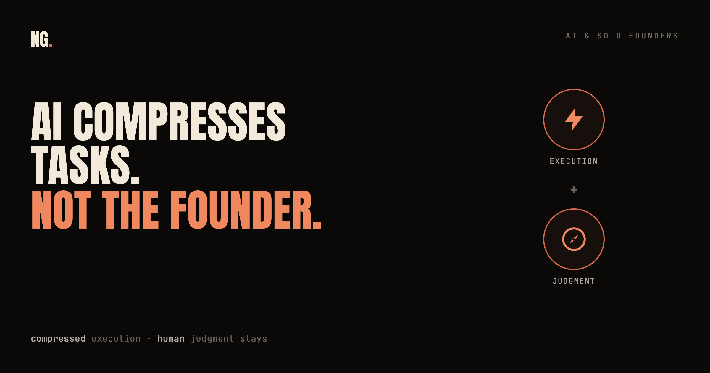 A solo founder working alone at a laptop late at night, small against a large dark room