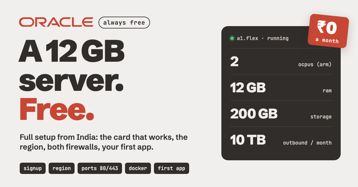Oracle Cloud free server: 2 OCPUs, 12 GB RAM, 200 GB storage, 10 TB outbound a month, for ₹0