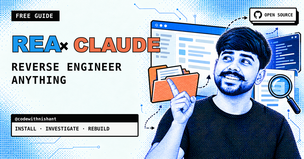 Nishant points toward an REA and Claude guide while software layers, evidence files and a magnifying glass appear behind him